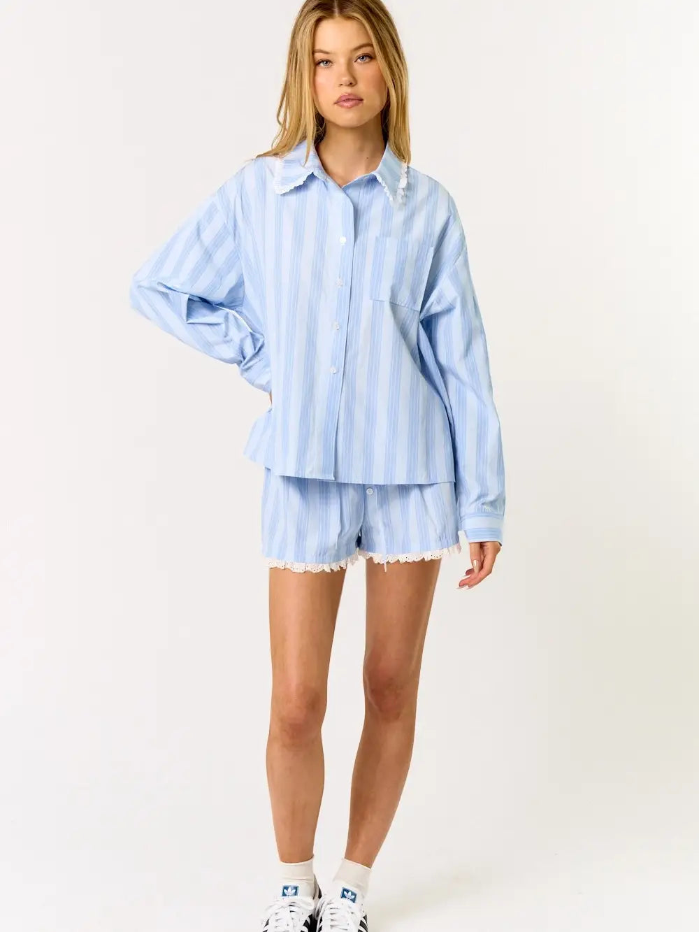 Blue Blush Striped Long Sleeve & Shorts 2 Piece Pajama Set - Flirt!
