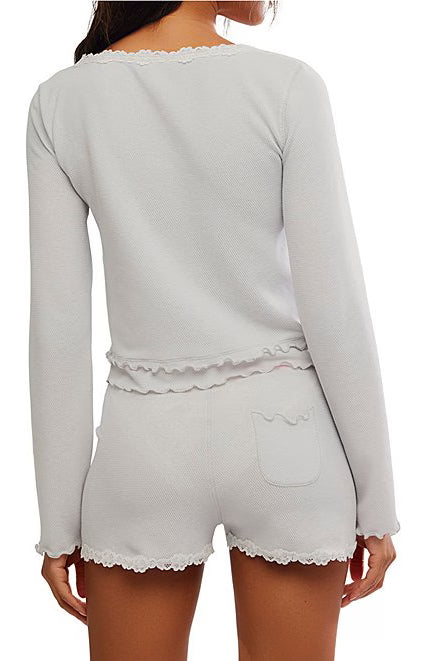 Free People Spring Break Ruffle Trim 2 Piece Long Sleeve Short Pajama Sleep Set - Flirt!