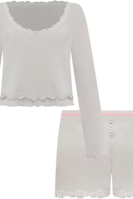 Free People Spring Break Ruffle Trim 2 Piece Long Sleeve Short Pajama Sleep Set - Flirt!