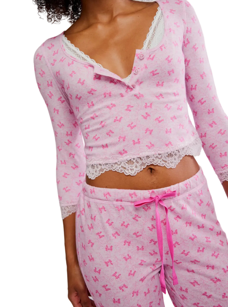Free People Stolen Dance 3/4 Sleeve Henley Top and Pant 2 Piece Sleep Set - Flirt!