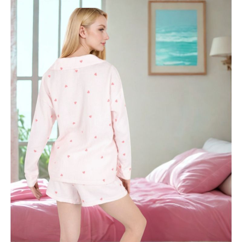 2 Piece Sweetheart Gauze Pajama Set with Long Sleeve Shirt and Short - Flirt!