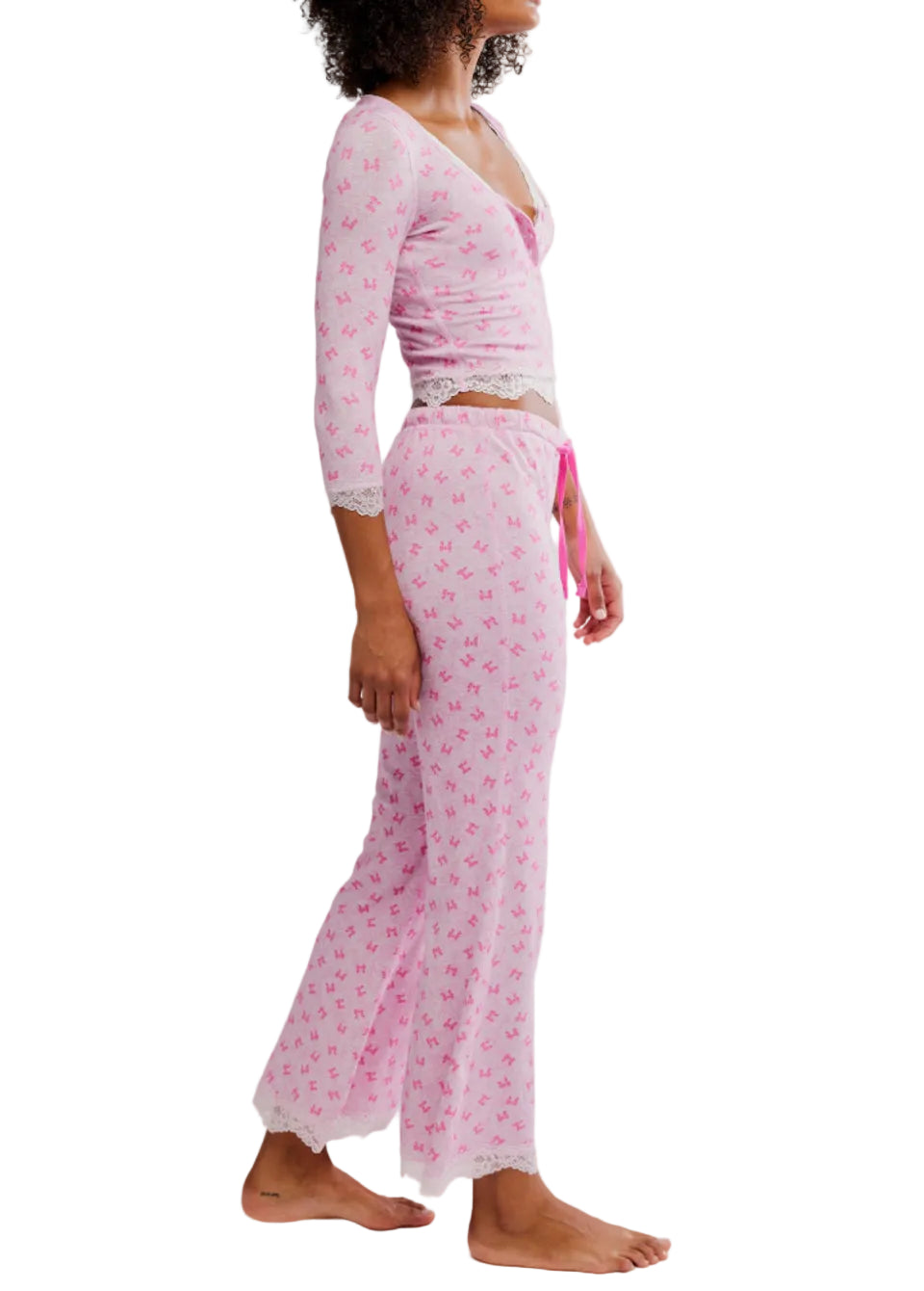 Free People Stolen Dance 3/4 Sleeve Henley Top and Pant 2 Piece Sleep Set - Flirt!
