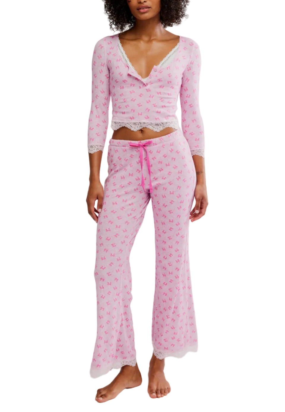 Free People Stolen Dance 3/4 Sleeve Henley Top and Pant 2 Piece Sleep Set - Flirt!