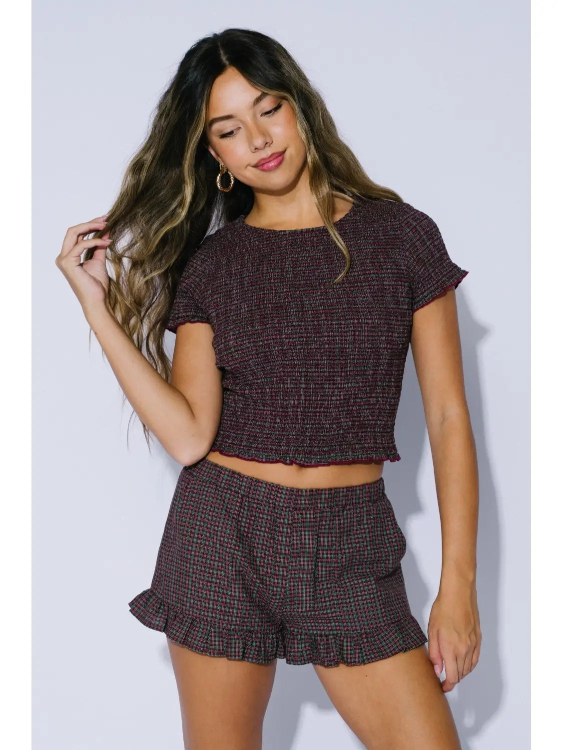 Blue Blush Christmas Gingham Ruffled Pajama Short - Flirt! 