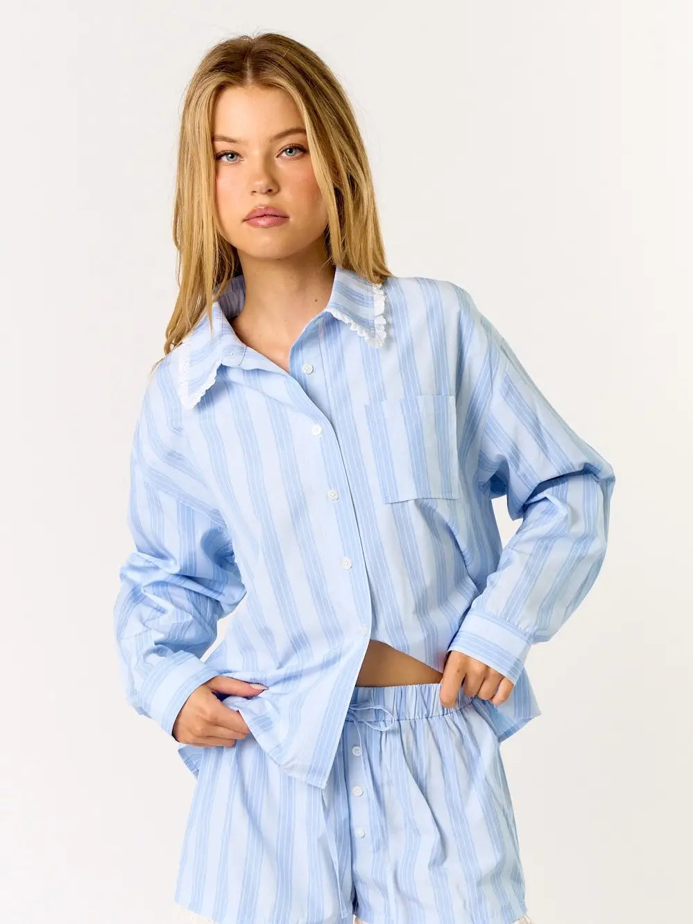 Blue Blush Striped Long Sleeve & Shorts 2 Piece Pajama Set - Flirt! 