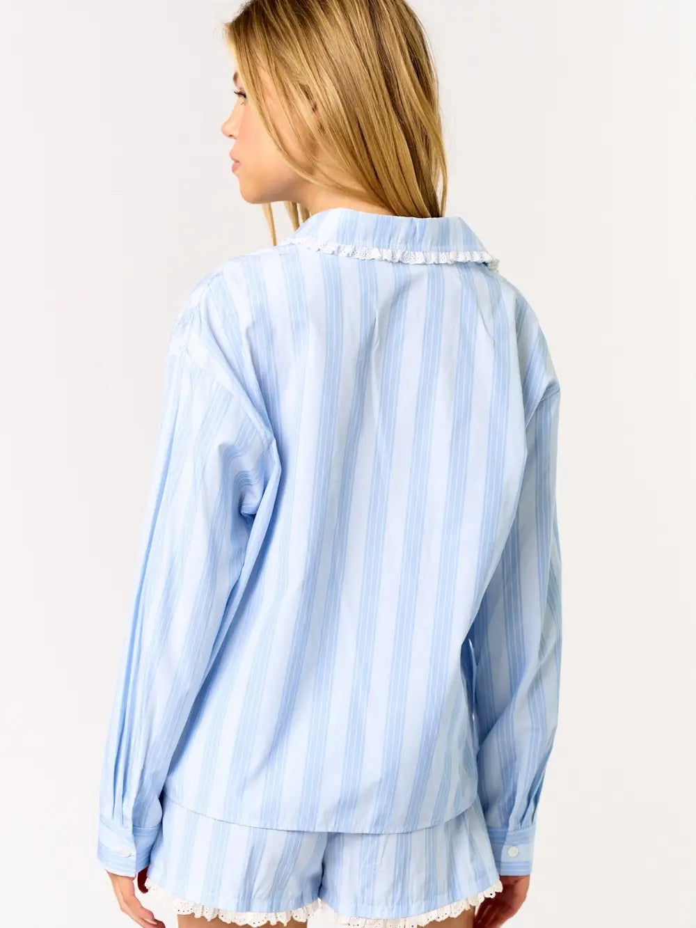 Blue Blush Striped Long Sleeve & Shorts 2 Piece Pajama Set - Flirt! 