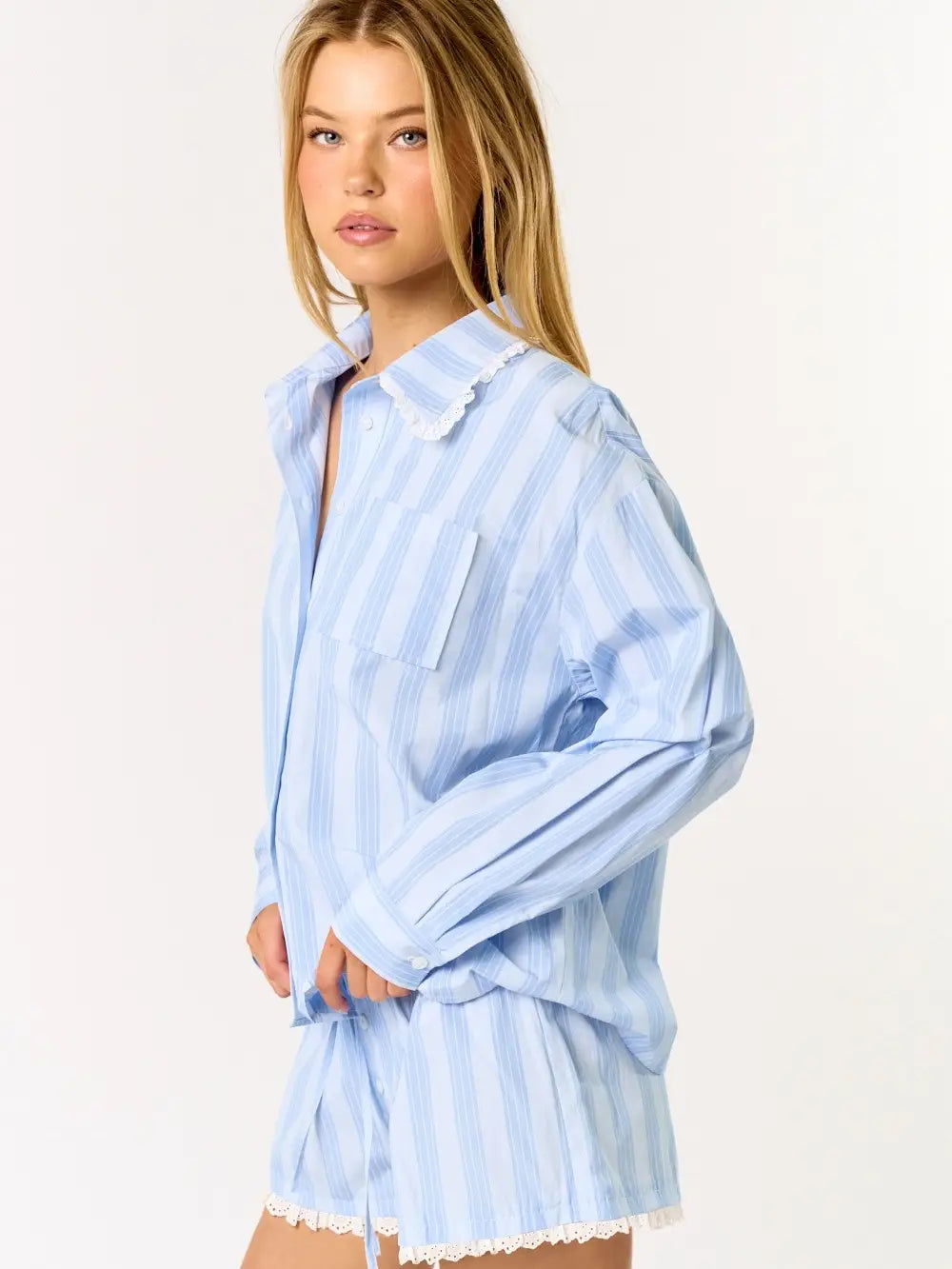 Blue Blush Striped Long Sleeve & Shorts 2 Piece Pajama Set - Flirt! 