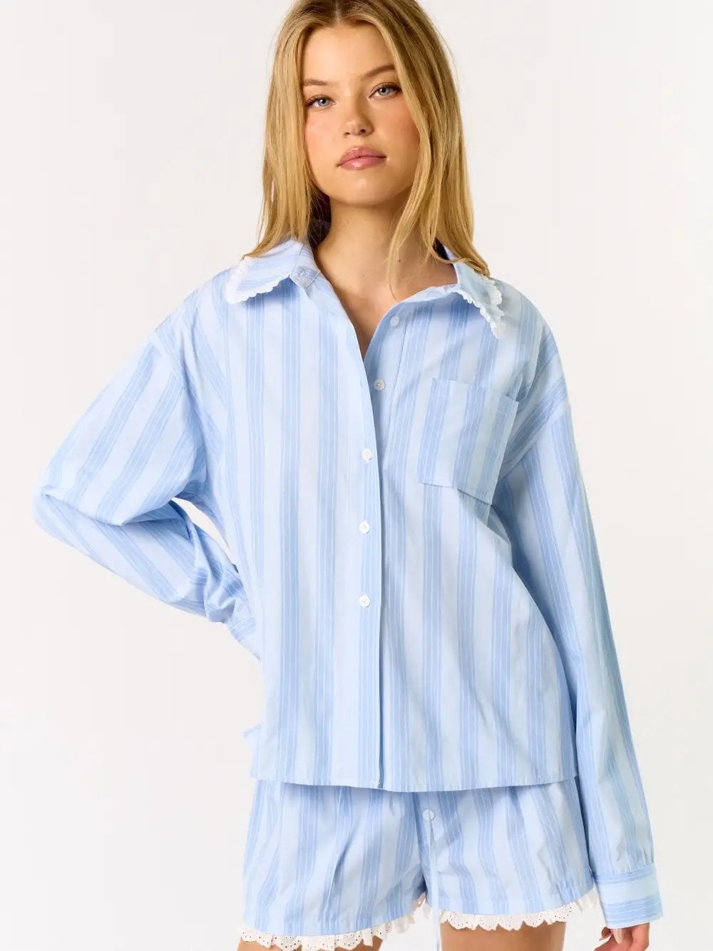 Blue Blush Striped Long Sleeve & Shorts 2 Piece Pajama Set - Flirt! 
