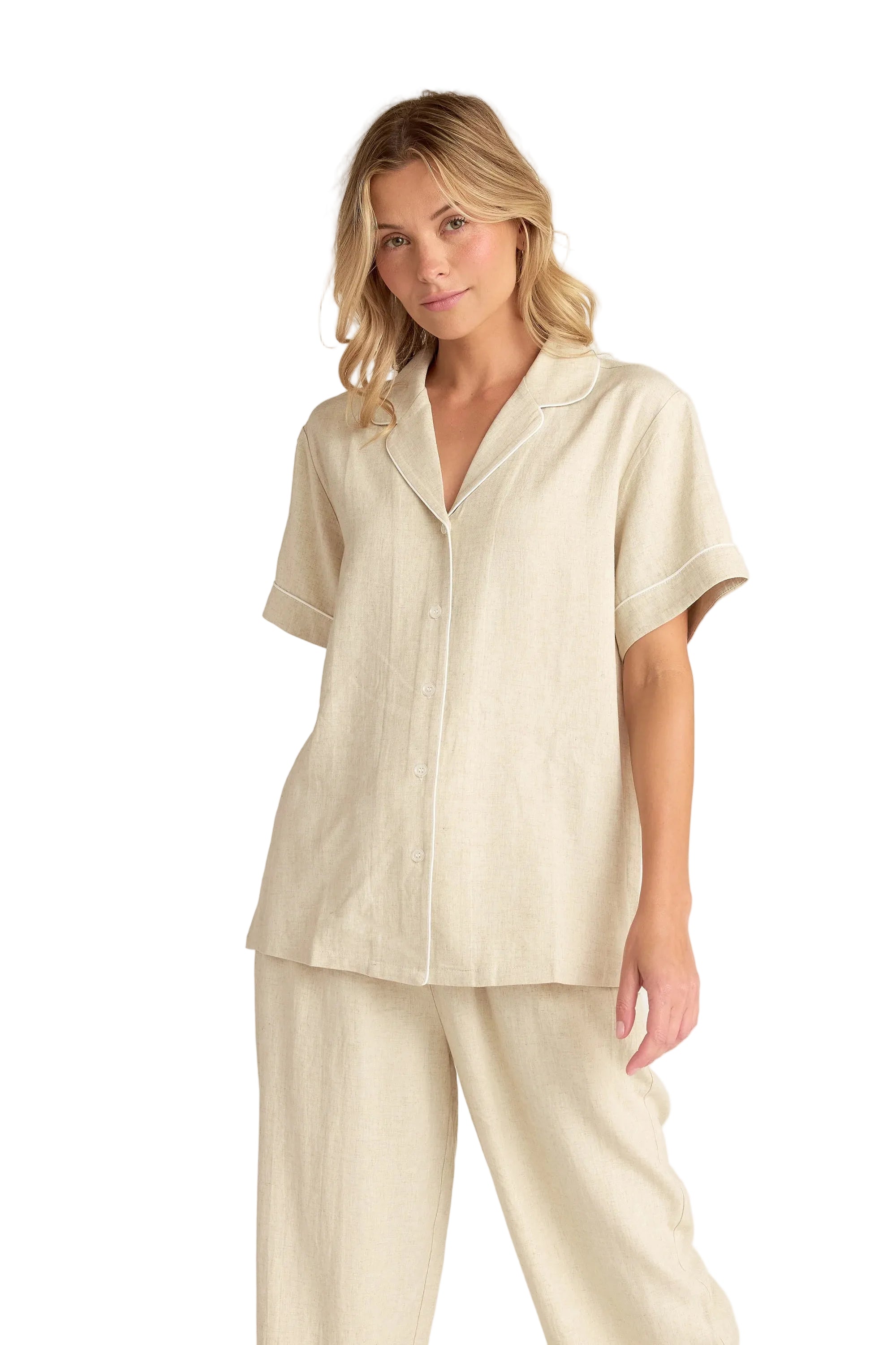 Faceplant Dreams Linen Blend Short Sleeve Button-up PJ Shirt - Flirt! 