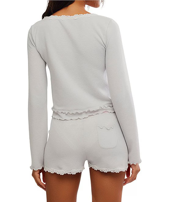 Free People Spring Break Ruffle Trim 2 Piece Long Sleeve Short Pajama Sleep Set - Flirt! 