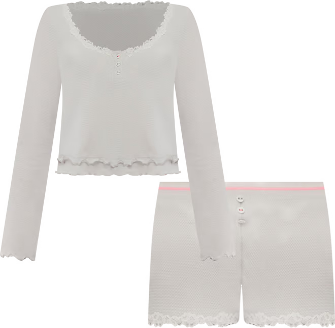 Free People Spring Break Ruffle Trim 2 Piece Long Sleeve Short Pajama Sleep Set - Flirt! 