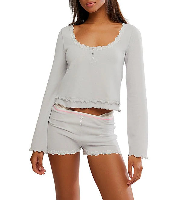 Free People Spring Break Ruffle Trim 2 Piece Long Sleeve Short Pajama Sleep Set - Flirt! 